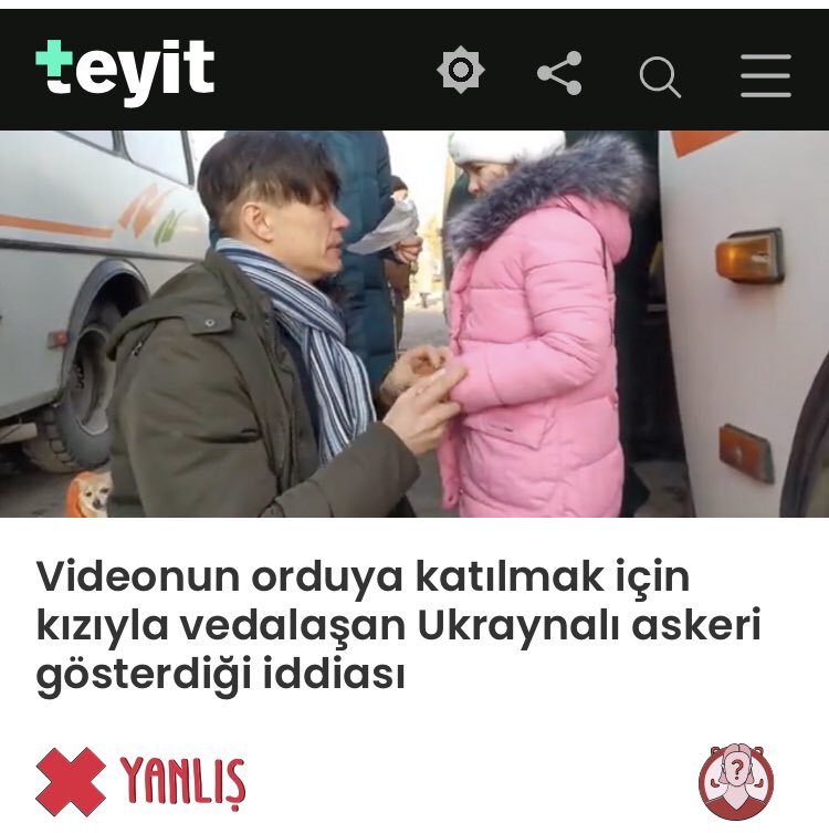 #UkraineRussianWar 
Ukrayna yalanları:
Günlerce televizyon kanallarında yayınlanan ve Ukraynalı bir babanın “burada savaşacağım”diyerek kızını trene bindirdiği videonun da savaşla bir ilgisi olmadığı Türk doğrulama platformu <a href="/teyitorg/">Teyit</a> tarafından “YANLIŞ” olarak işaretlendi.