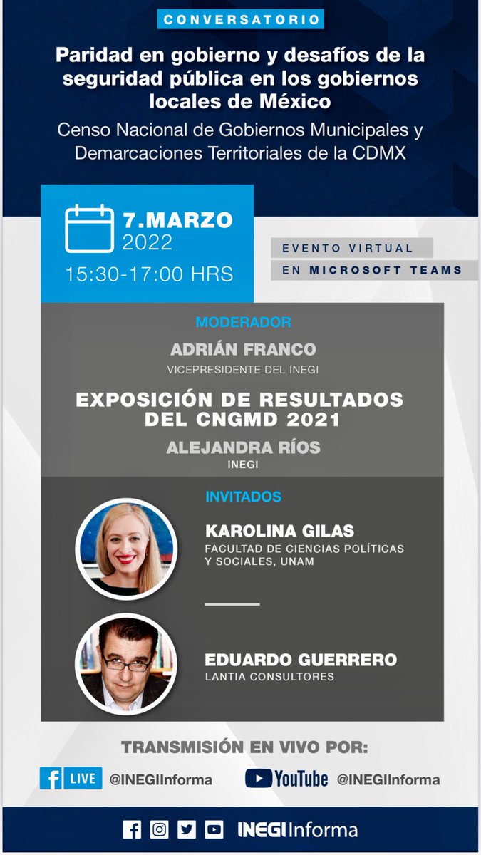 No te pierdas el #conversatorio "Paridad en gobierno y desafíos de la seguridad pública en los gobiernos locales de México", donde participará el doctor <a href="/laloguerrero/">Eduardo Guerrero Gutiérrez</a>, #Colmecaalumni del <a href="/CEIColmex/">CEI Colmex</a>, organizado por <a href="/INEGI_INFORMA/">INEGI INFORMA</a>.  

📆 7 de marzo | 🕐 15h30 
Vía #YouTube
