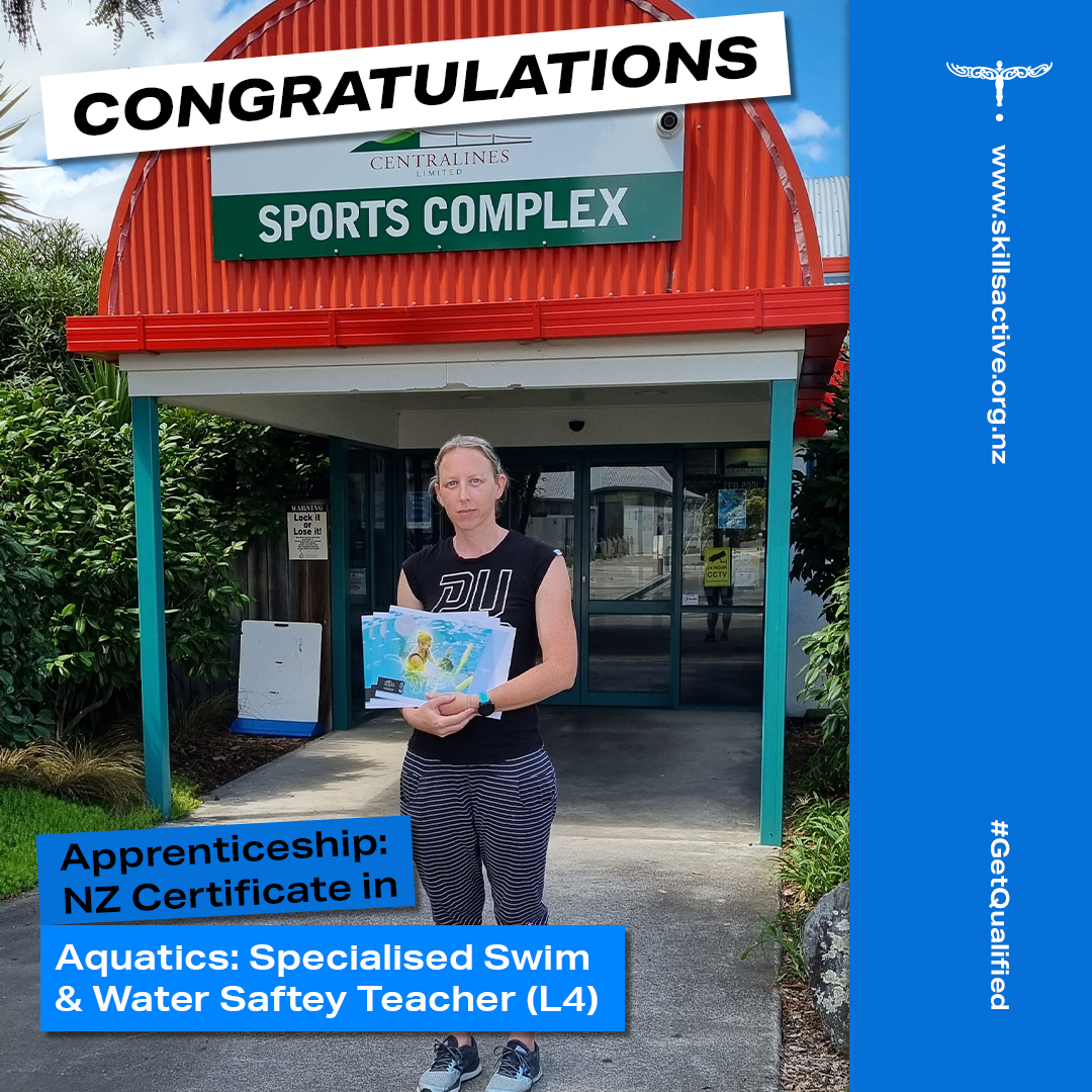 Congrats to Kylie, from A.W Parsons Pool in Waipukurau, for completing your apprenticeship for the NZ Cert in Aquatics: Specialised Swim &amp; Water Safety Teacher (L4)! Kylie is a passionate swim teacher &amp; her manager Michelle has been a great mentor throughout the apprenticeship 🤩