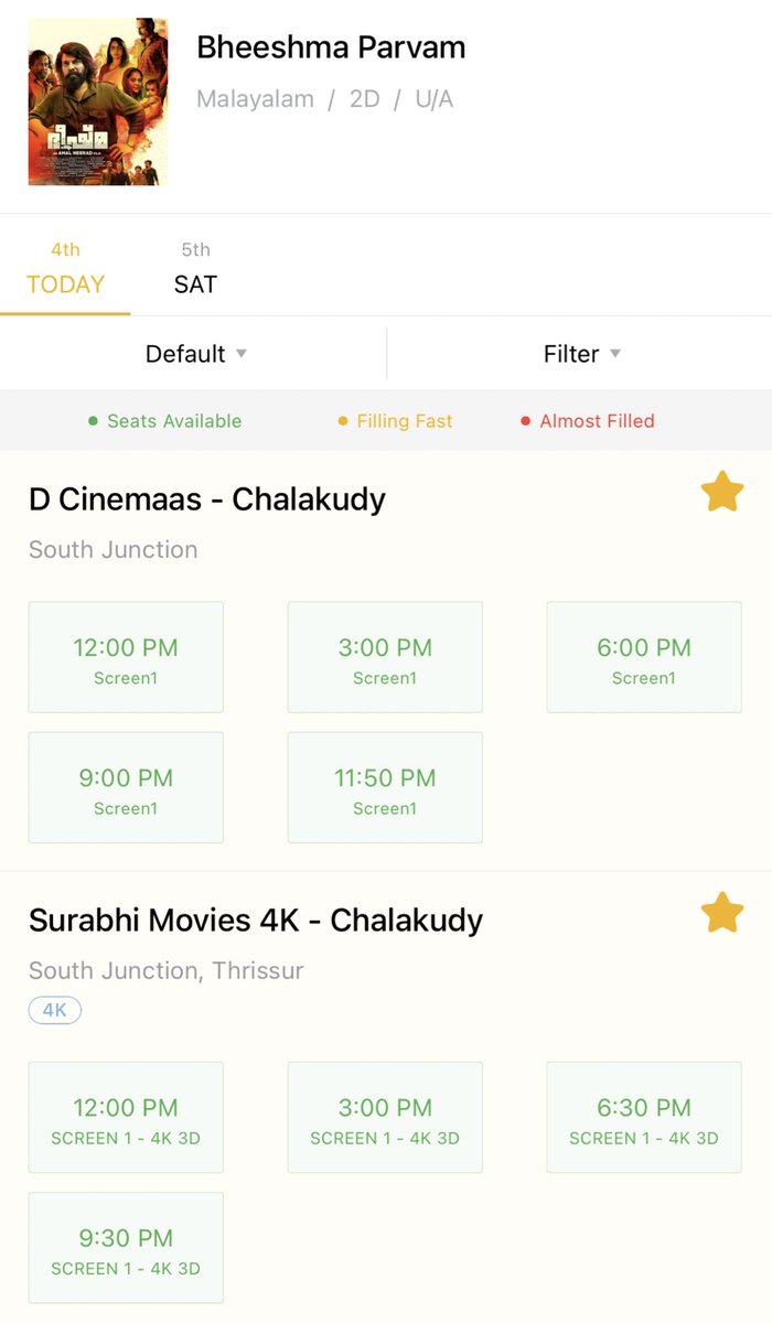 ChalakudyBO's tweet photo. #BheeshmaParvam Day 2 Morning 9:10 AM show cancelled @ D Cinemaas, Chalakudy. 

9 shows on Day 2 in Chalakudy. 👏🏻

Noon show &amp; Matinee Bookings 👎🏻
Night shows 👍🏻

@MalayalamReview @SSTweeps @Forum_Reelz @MammoottyFC369 @AmalNeeradFans @VRFridayMatinee @MoviePlanetMP https://t.co/GKiY7KeWAn