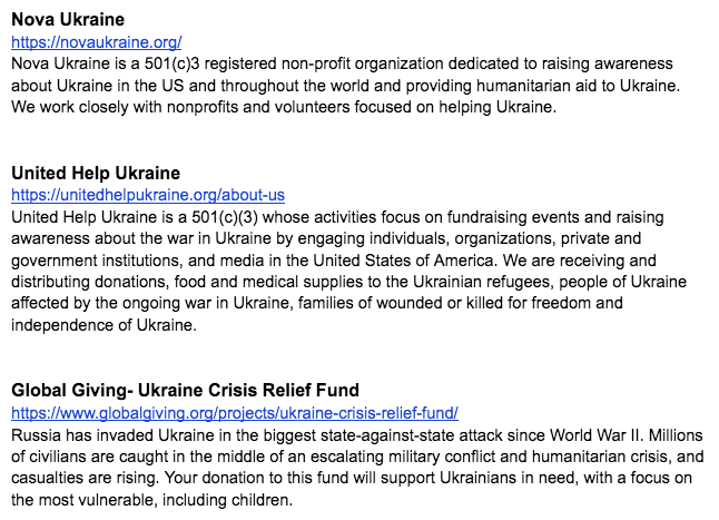 Looking for ways to support the people of Ukraine? Here's how: World Central Kitchen wck.org/relief/activat… Razom for Ukraine razomforukraine.org/razom-emergenc… Nova Ukraine novaukraine.org United Help Ukraine unitedhelpukraine.org/about-us Global Giving globalgiving.org/projects/ukrai…
