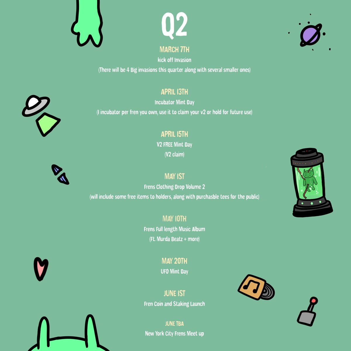 Q2 roadmap

New website live now -  alienfrens.io