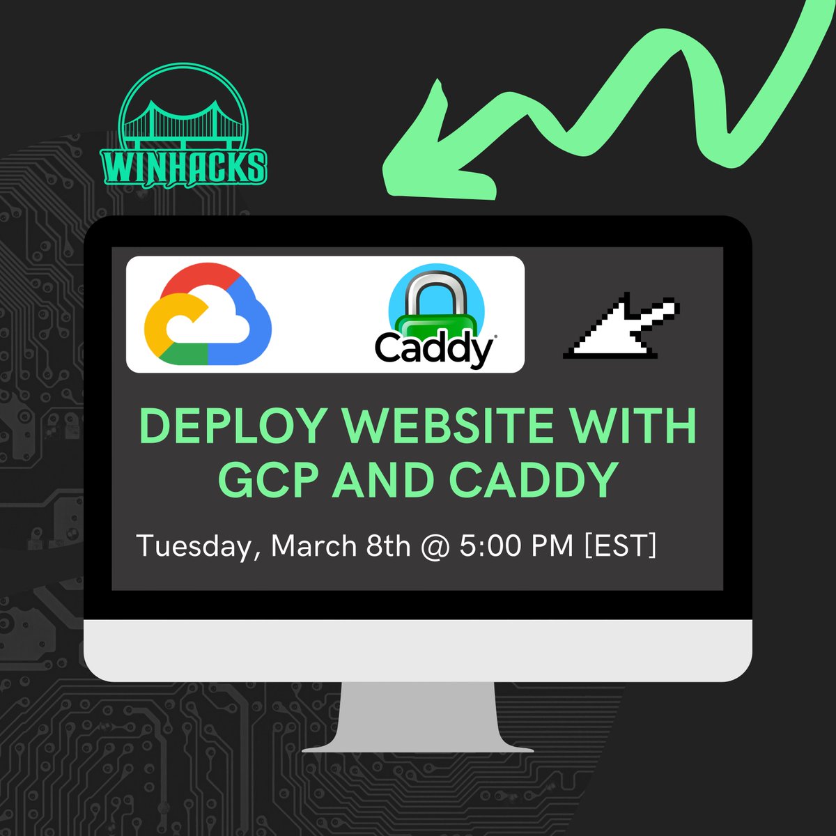 Learn how to deploy your Flask website, or any backend website to the cloud using Google Cloud Platform and Caddy! Join on March 8th at 5:00 PM EST.
twitch.tv/uwindsorcss

Join the WinHacks Discord server here:
discord.winhacks.ca
