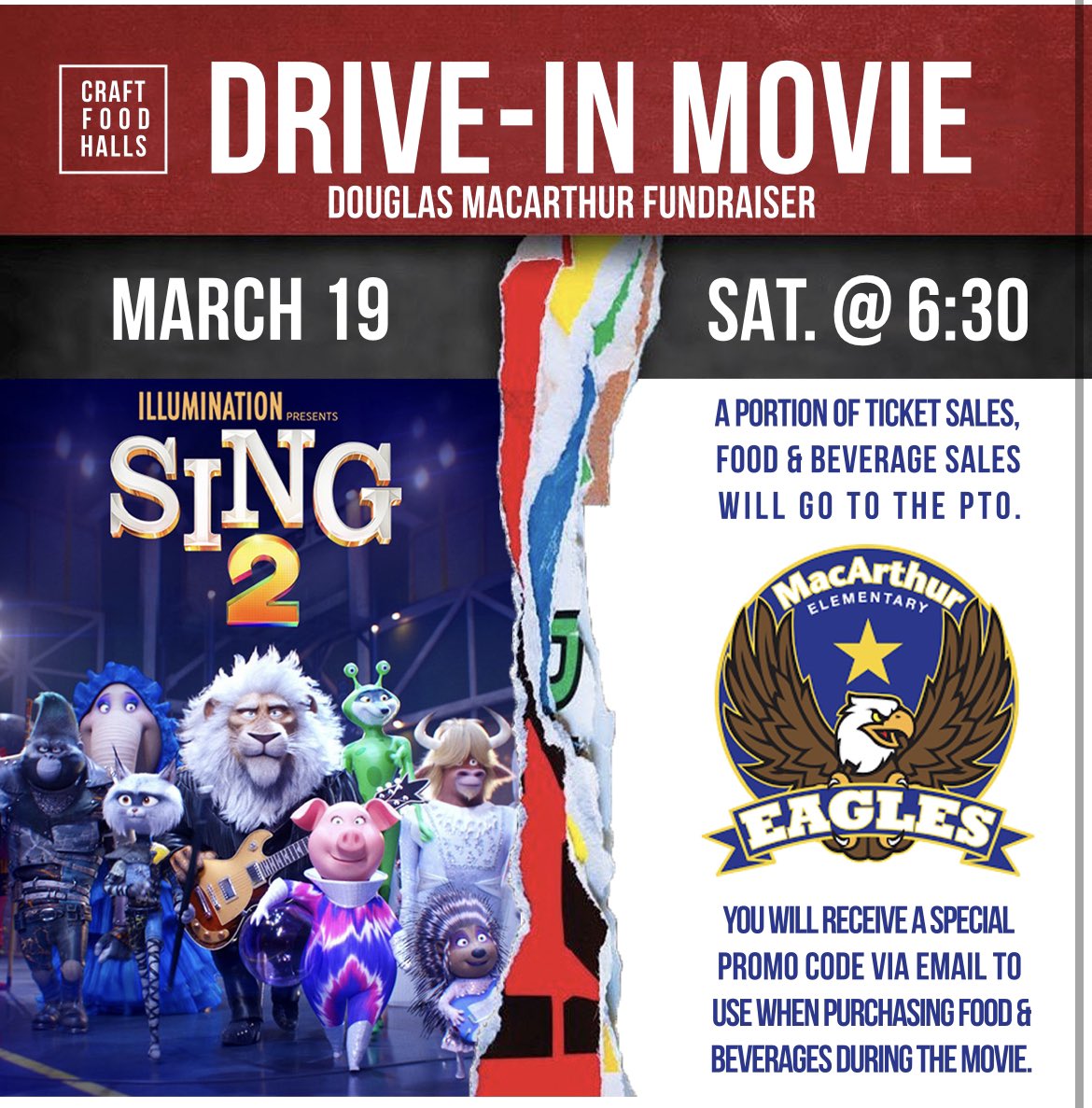 Exciting news - We are having our first ever MacArthur Drive-In Movie Night on March 19th at Craft Food Hall! 🎬🚘 (Tickets must be purchased by 3/12.) 🍿🎶🐷