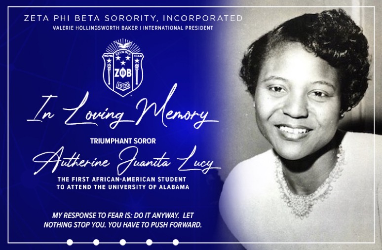 ZPhiBInc1920's tweet photo. In 1956, Soror Autherine Lucy Foster integrated the University of Alabama. On March 2, 2022, she went home to glory. We send our love and prayers to her family. We thank Soror Lucy Foster for the courage to stand up for what’s right.
#zetaphibeta #zphib #zphib1920 https://t.co/NX0p5L0RgU