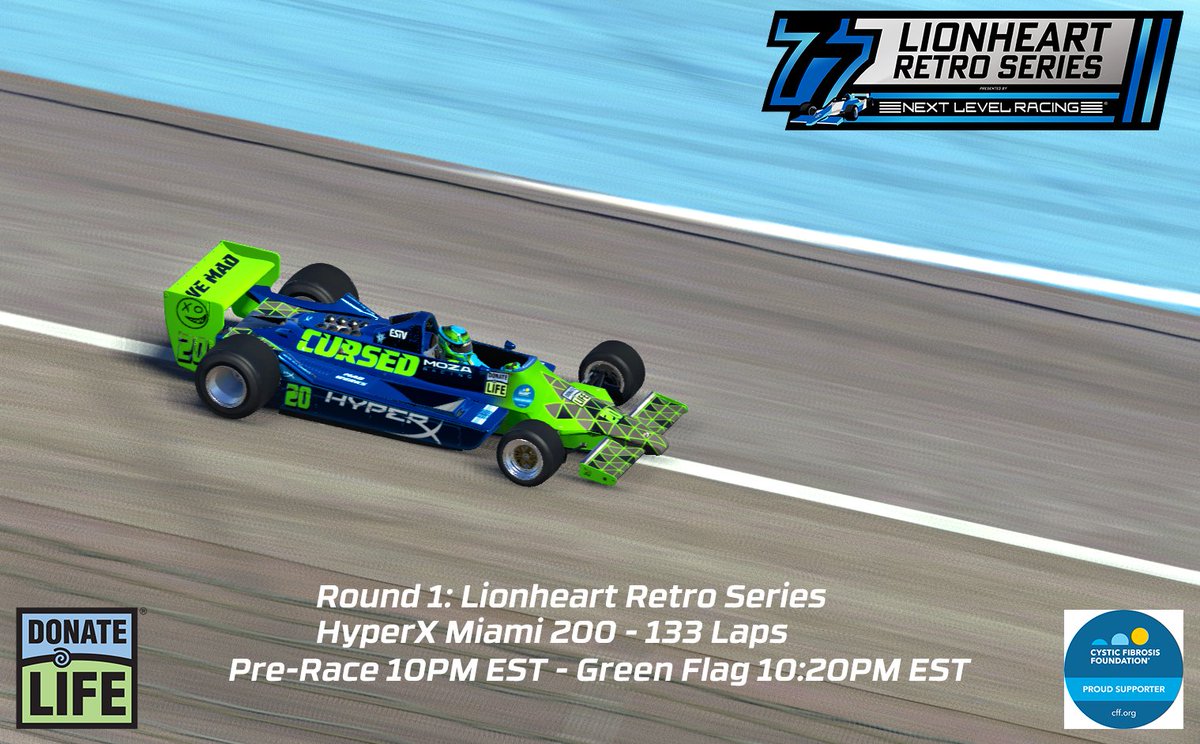 fowlerracing75's tweet photo. Round 1 of the @LionheartSeries  Retro Series Presented by @nextlvlracing is tonight for the @HyperX  Miam 200!  Looking forward to a fun race to start the season!

Green flag at 10:20PM EST!
https://t.co/WuNJRwQO9I

#iracing #Lotus79 #esports #esportsgaming #simracig https://t.co/V36v5aPyQc