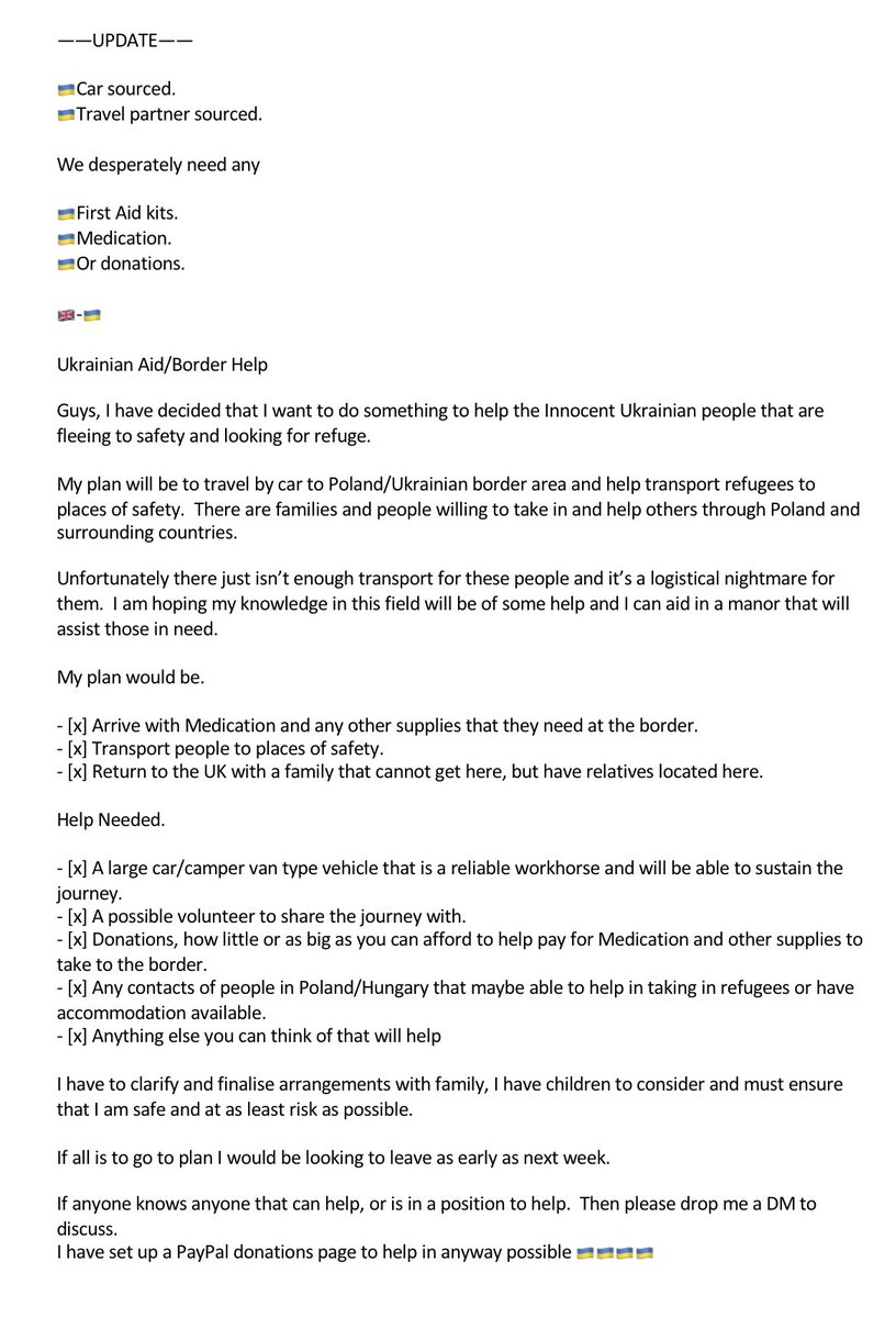 PR1_VipLTD's tweet image. Leeds fan Travelling to 🇵🇱 🇺🇦 border to help.
Cannot sit back and do nothing at all.
Any help willingly received.
Leaving Monday 7th March
#UkraineRussianWar #lufc @FollowingLUFC @andrearadri @LiamCooper__ @Kalvinphillips