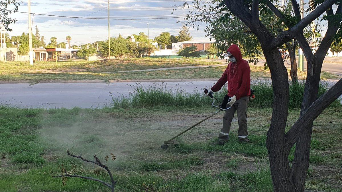 municipalidadlr's tweet photo. El equipo de Espacios Comunitarios llevamos adelante desmalezado en Plazas  Borugas del barrio Facundo Quiroga. @CeparNorte https://t.co/zIbIzAaAUx