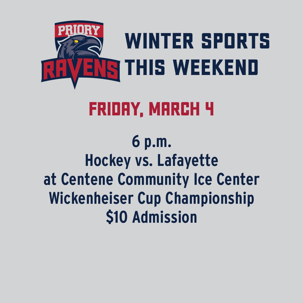 PrioryAthletics's tweet photo. Only one Priory sporting event this weekend — but it’s a big one, so we’re posting about it early! Students and parents, check your emails from the school for information about advance ticket orders and the fan bus. Go Ravens! https://t.co/3KXVcuHDdn