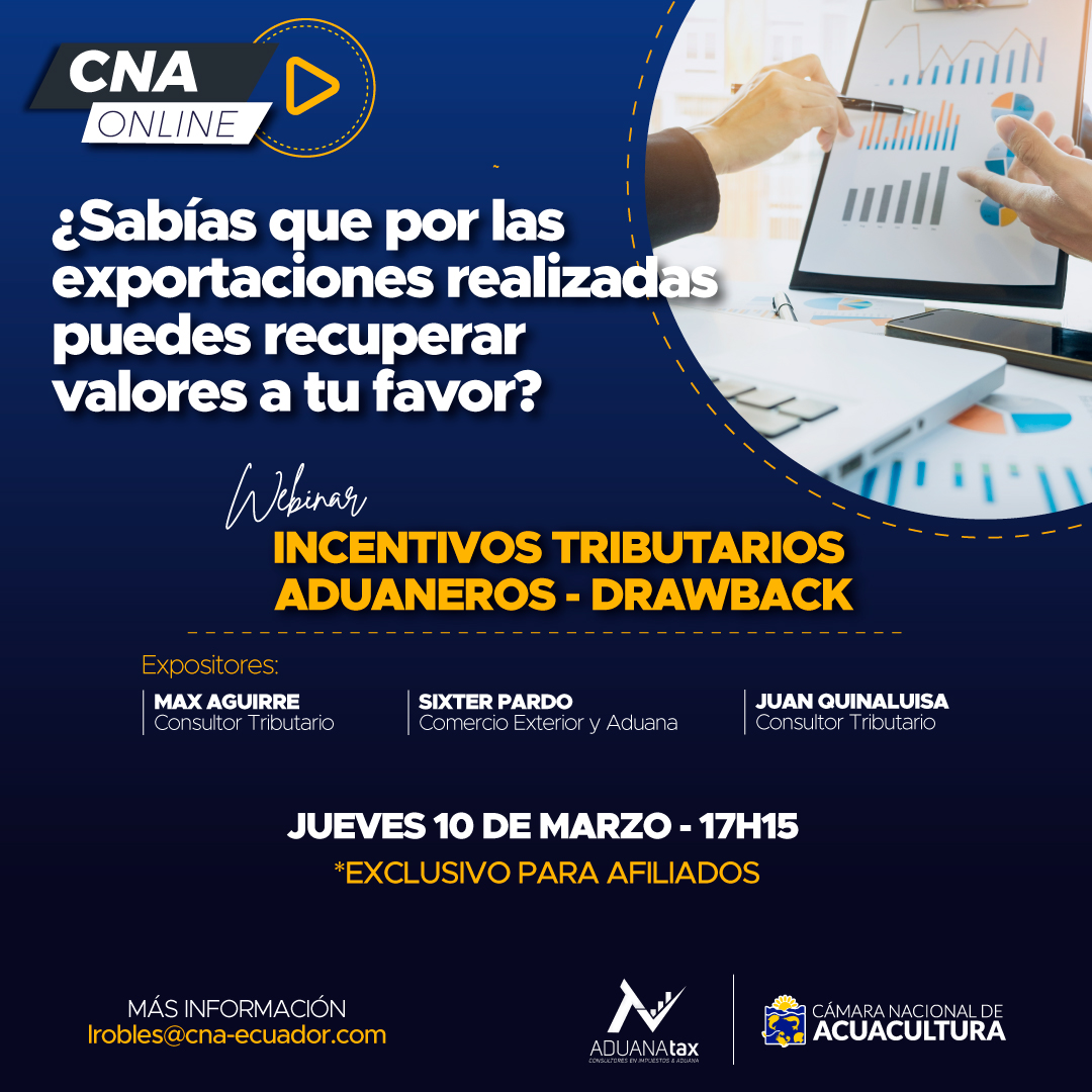 ¿Sabías que por las exportaciones realizadas puedes recuperar valores a tu favor?.

No te pierdas nuestro #CNAOnline sobre los incentivos tributarios aduaneros - #Drawback.

🗓️Jueves, 10 de marzo
⏰17h15
➡️Exclusivo para #AfiliadosCNA
ℹ️lrobles@cna-ecuador.com
