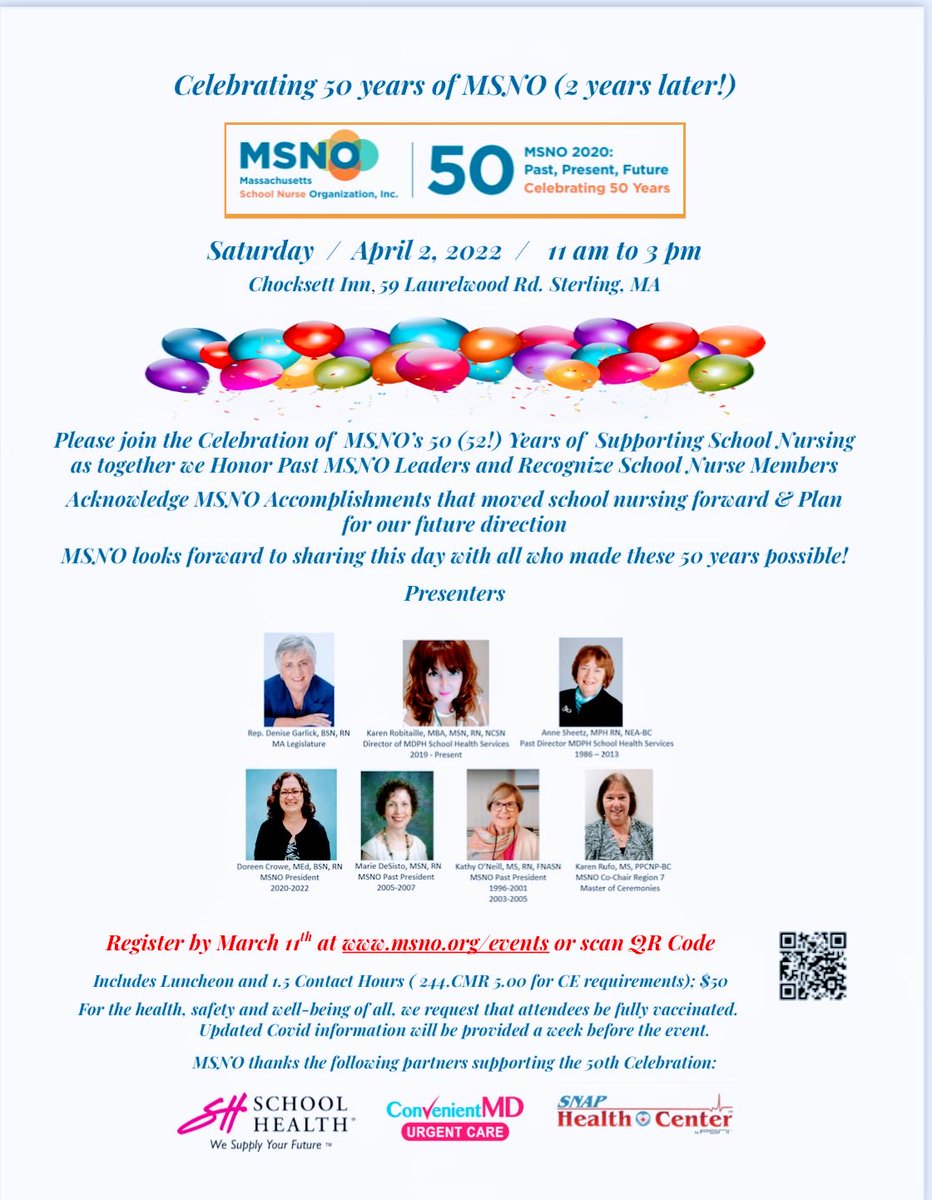 ⁦<a href="/MSNOmass/">MSNO</a>⁩ is celebrating 50 years!! Please join us to learn about our accomplishments, honor past MSNO leaders and recognize outstanding school nurses. Lunch &amp; contact hours included 5️⃣0️⃣🎉🎂🎈