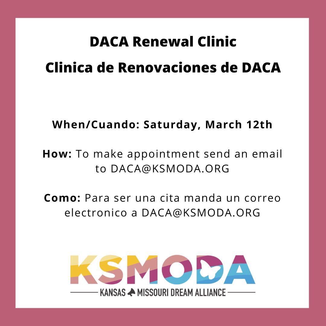 Is it time for your renewal? Join our monthly daca clinic, we'll be glad to assist you. Email daca@ksmoda.org for an appointment