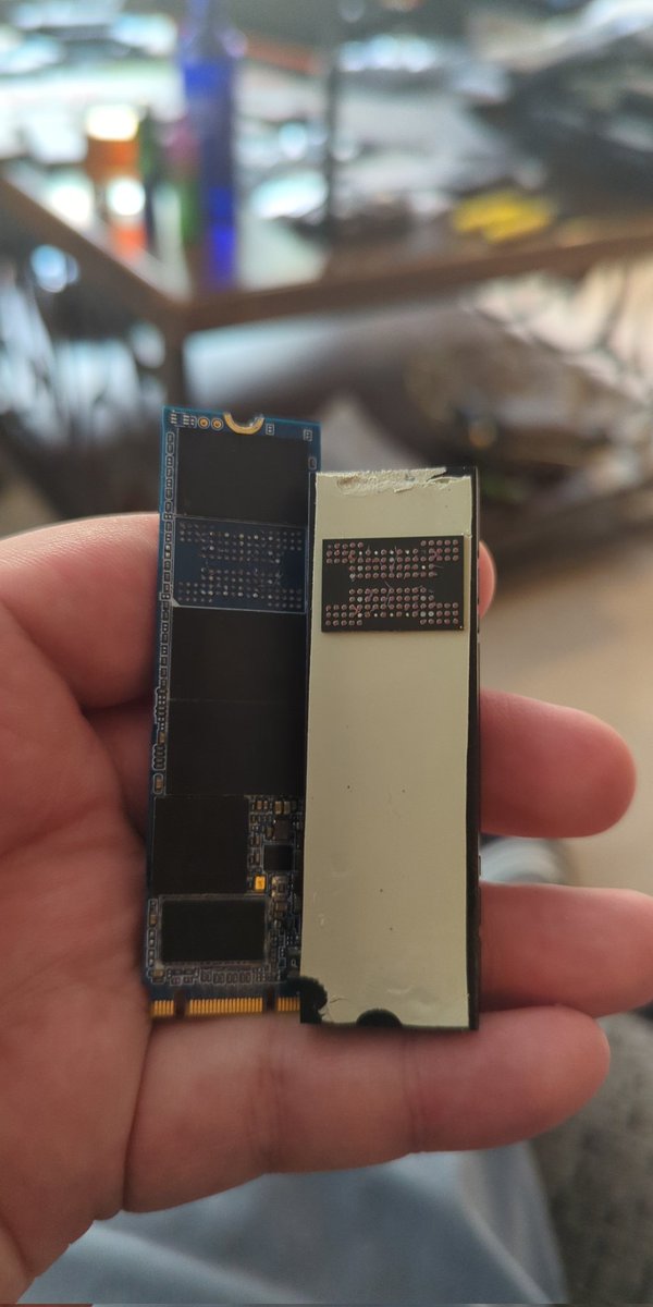 TechTeardownYT's tweet image. the first PC I built on my channel. Sold to a friend. My friend put an aftermarket Heatsink on it from @microcenter and he was moving it to a new motherboard that has built in heatsinks. The pad was so sticky it took the chip with it. At least MC has great replacement rule on ssd