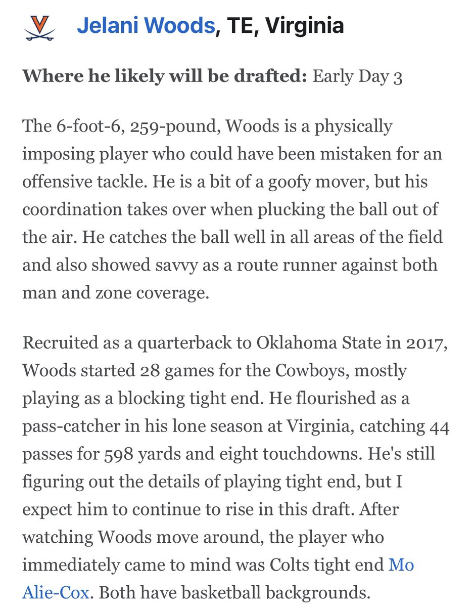 Jordan_Reid's tweet image. Wrote this about #Virginia TE Jelani Woods following the East-West Shrine Bowl where he had a great week. 24 reps on the bench press, running a 4.61 forty at 6’7”, 253 pounds is impressive. 

A prospect that’s continued to rise.