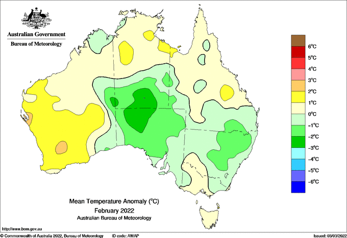 Temperatures and rainfall anomalies maps by BOM