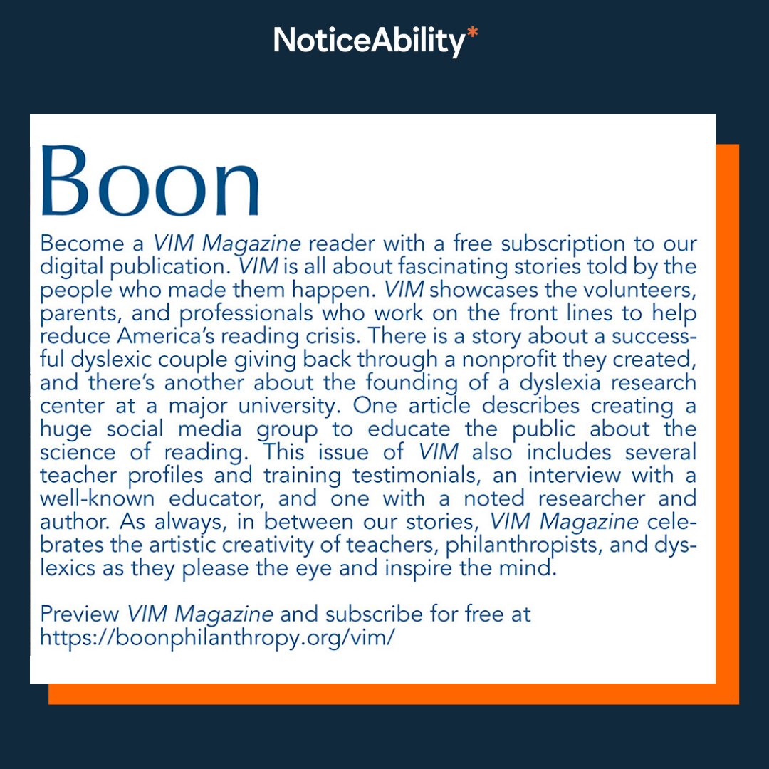 We’re featured in the latest issue of <a href="/BoonEducates/">Boon Philanthropy</a>'s VIM Magazine! Check out their exclusive articles on NoticeAbility’s own Dean Bragonier and Sally Taylor.

P.S. Good news: subscriptions are FREE! Sign up for some awesome content straight to your inbox: boonphilanthropy.org/vim/