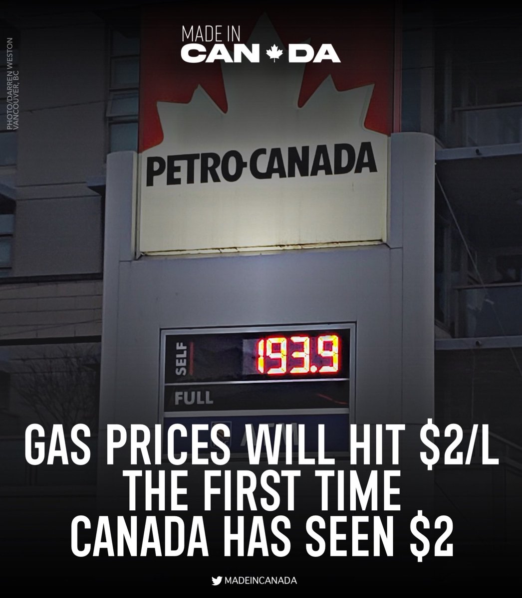 MadelnCanada's tweet photo. Gas prices in #Canada will hit the $2/L for the 1st time in the country’s history

Canada has 3rd largest oil reserve in the world. ⛽️ https://t.co/A6DawpUZ9q