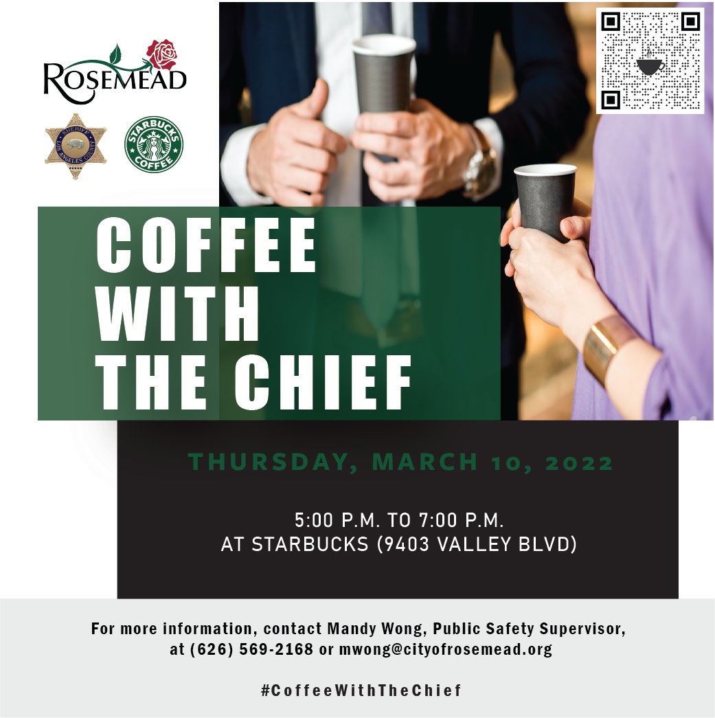 CityofRosemead's tweet photo. Join us in welcoming Rosemead's new Chief of Police, Lt. Paul Shigo, in our upcoming “Coffee with the Chief” ☕ event on 3/10, at 5pm. Sign up by clicking the link in our bio or by visiting our City website https://t.co/h6f0EqvtrE.
#CoffeeWithTheChief https://t.co/CyfNHlgjuD