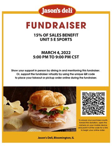 Unit 5 Esports (@unit5_esports) on Twitter photo Stop by at Jason’s Deli for some food Friday, March 4th. 15% of sales benefit will go towards unit 5 E-sports! Stop by at Jason’s Deli for some food Friday, March 4th. 15% of sales benefit will go towards unit 5 E-sports!
