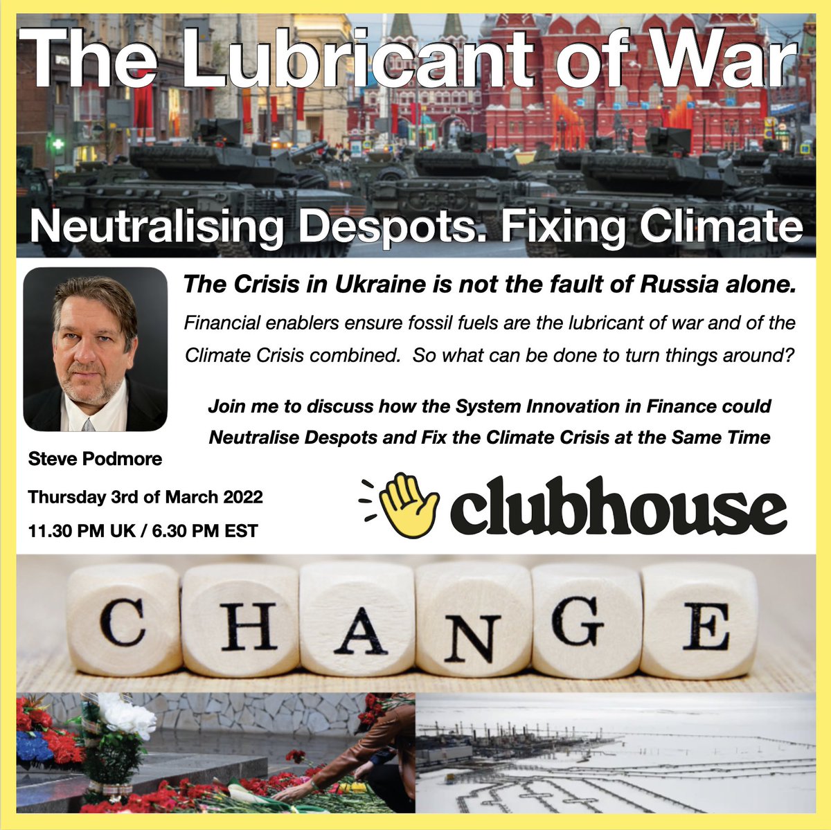 Join to discuss “The Lubricant of War. Neutralising Despots. Fixing Climate 🔴” with Víctorya Vanadís, Natalita Procopio and Myself on FundingTheGlobalGoals.tv . Today, 3 Mar at 11:30 pm GMT in @clubhouse. Join us! clubhouse.com/event/P0Bg3dNM…