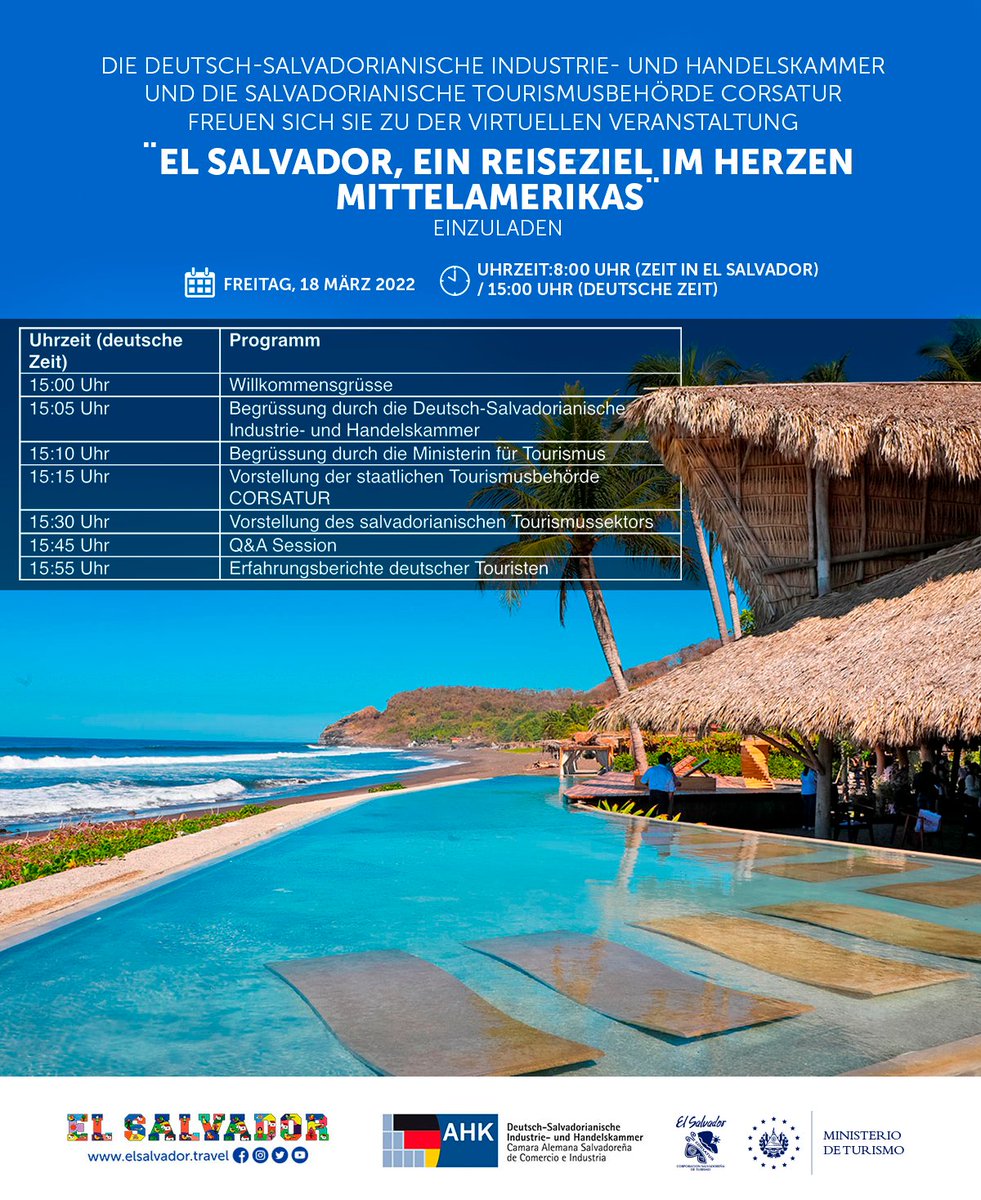 dhk_sv's tweet photo. #AHKNews | Waren Sie schon in El Salvador?

Gemeinsam mit #CORSATUR stellt die #AHKElSalvador deutschen Reiseveranstaltern das wenig bekannte Reiseziel an der mittelamerikanischen Pazifikküste vor. 

#AHKElSalvador #CORSATUR #PartnerWorldWide https://t.co/q3ivNVaQKJ