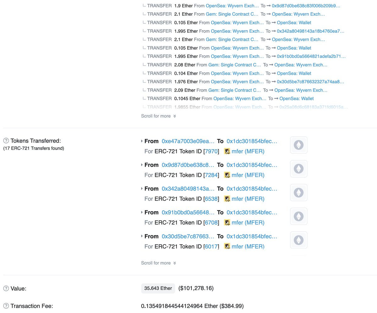 Just as I was about to buy me a cute floor mfer a moment ago, a mfer swept 17 mfers in a single txn! Wish I had clicked just a few seconds sooner. #mfers #NFT

Txn: 0xf9c538f988c8d88d5c71c0409d2c65a351c9111dd76c926c3946d4faa025af68