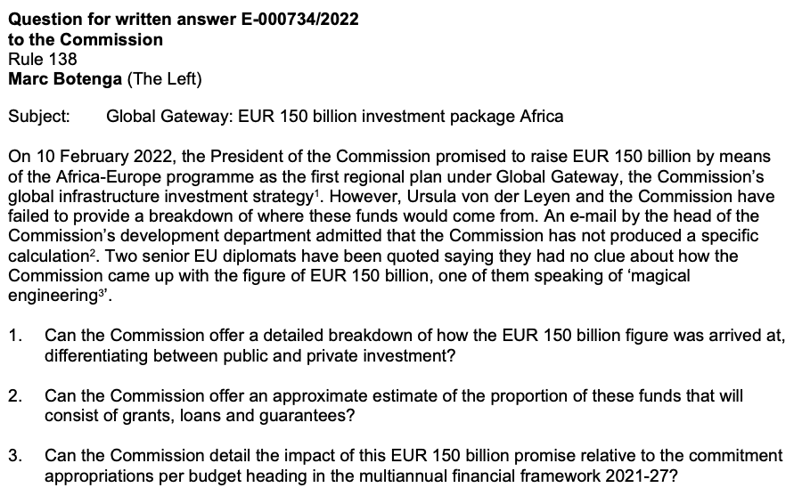 Reporting from @devex and others prompts written question from MEP @BotengaM to European Commission on the €150bn investment package for Africa, unveiled at recent #EUAUsummit. How much is public money versus leverage projections from private sector?