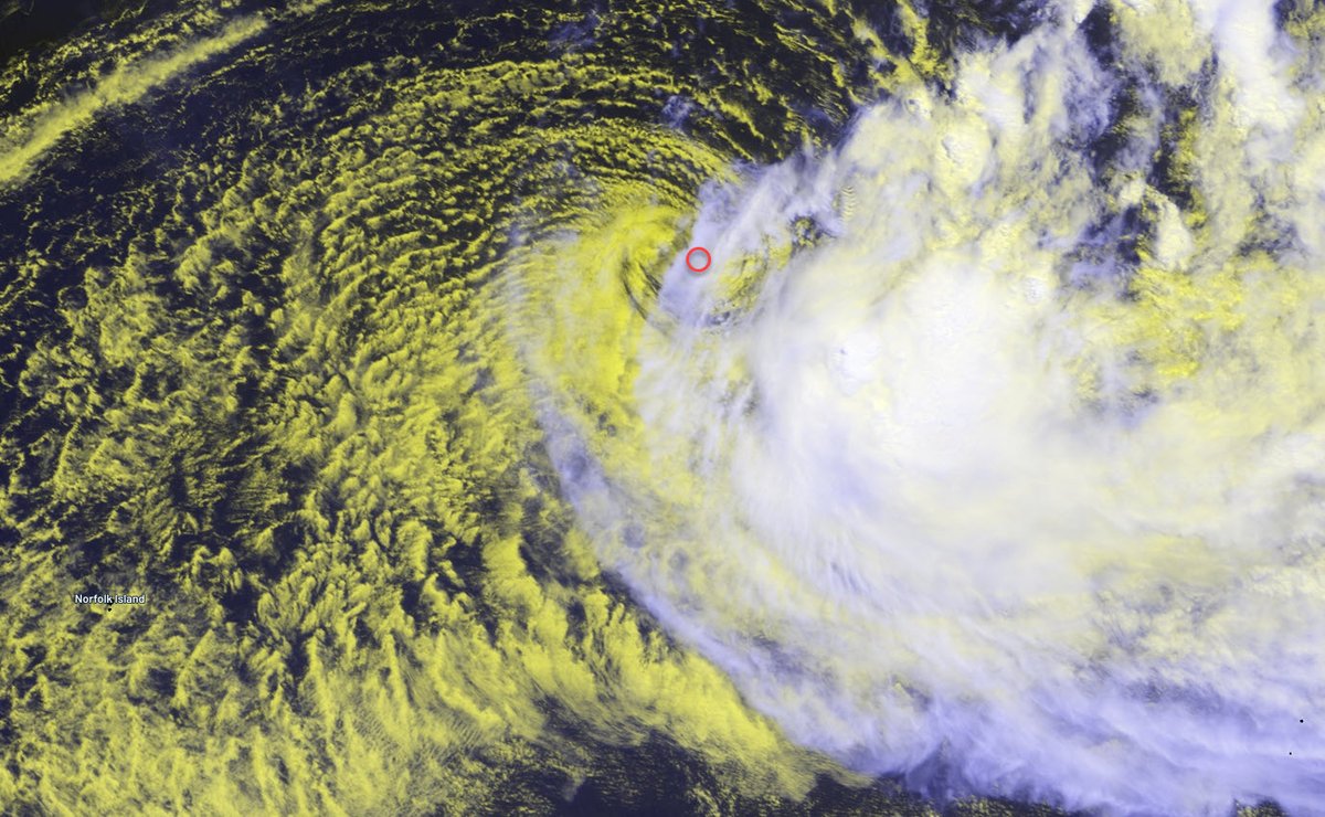 HaurakiGulfWx's tweet image. #CycloneEva is being shredded by wind shear, with dry air intrusions, exposing the low level stratus clouds on the IR sat image. Now downgraded by JTWC to 35 knots. Unofficially no longer a cat 1.  Eva is moving towards Norfolk Island and the Tasman tropical cyclone graveyard.