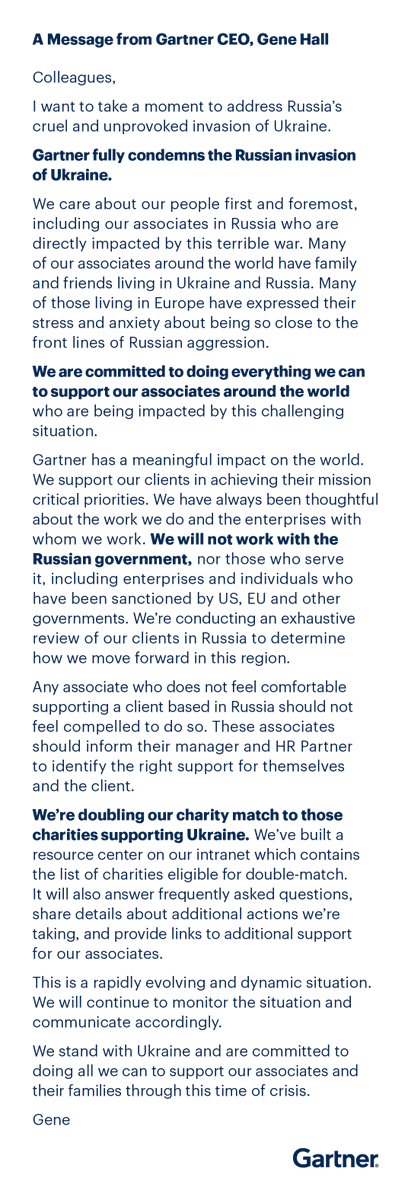 Gartner_inc's tweet photo. Today, Gartner CEO Gene Hall shared this message with associates regarding our response to Russia's invasion of Ukraine: https://t.co/PjfOa09cUD