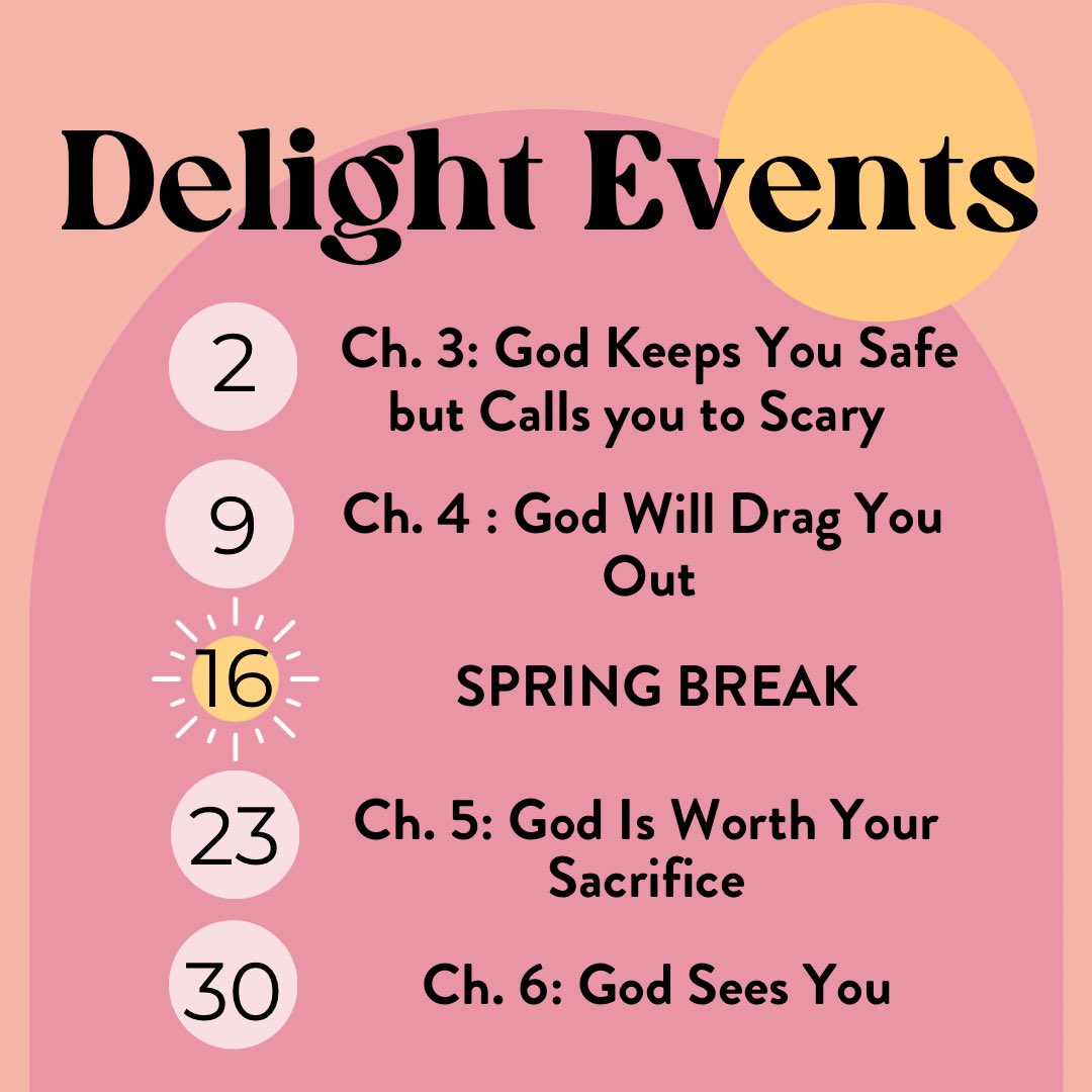 Here are Delight Ministries at UTSA’s events for March! 

We meet every Wed. at 6pm in the Oak Rm. You can join anytime! 💗