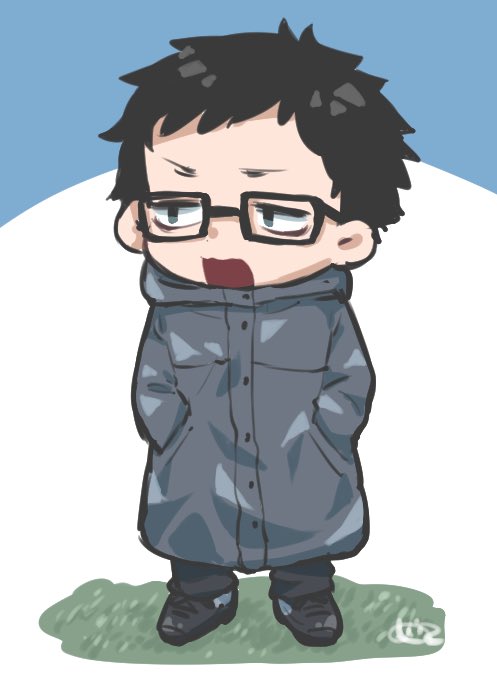 1boy male focus glasses black hair solo open mouth hands in pockets  illustration images