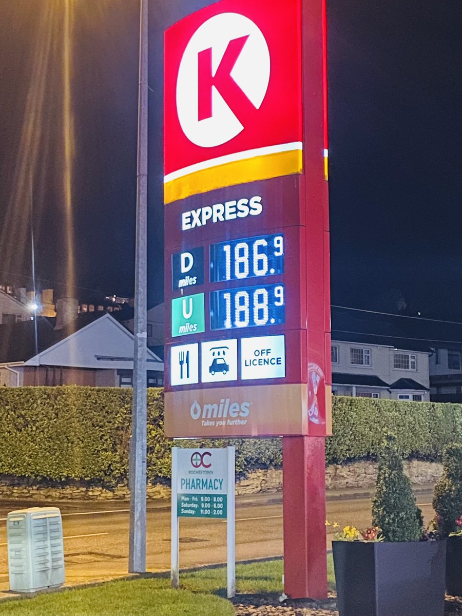 Diesel in the Auto Centre in Rochestown jumped from 168.9 per litre yesterday to 186.9 per litre today 😬😬 18c jump in one day!