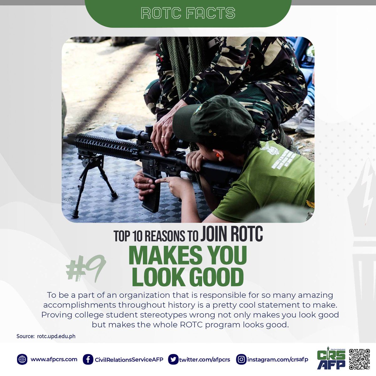 AFPCRS's tweet photo. ROTC FACTS | TOP 10 REASONS TO JOIN ROTC
9. Being an ROTC cadet gives you the feelings of pride, accomplishment, fulfilment, growth and worth as a student and as a good citizen of the nation.
#AFPyoucanTRUST #TOP10REASONTOJOINROTC #JoinROTC #ROTC #SupportROTC https://t.co/jMkqskS2wg