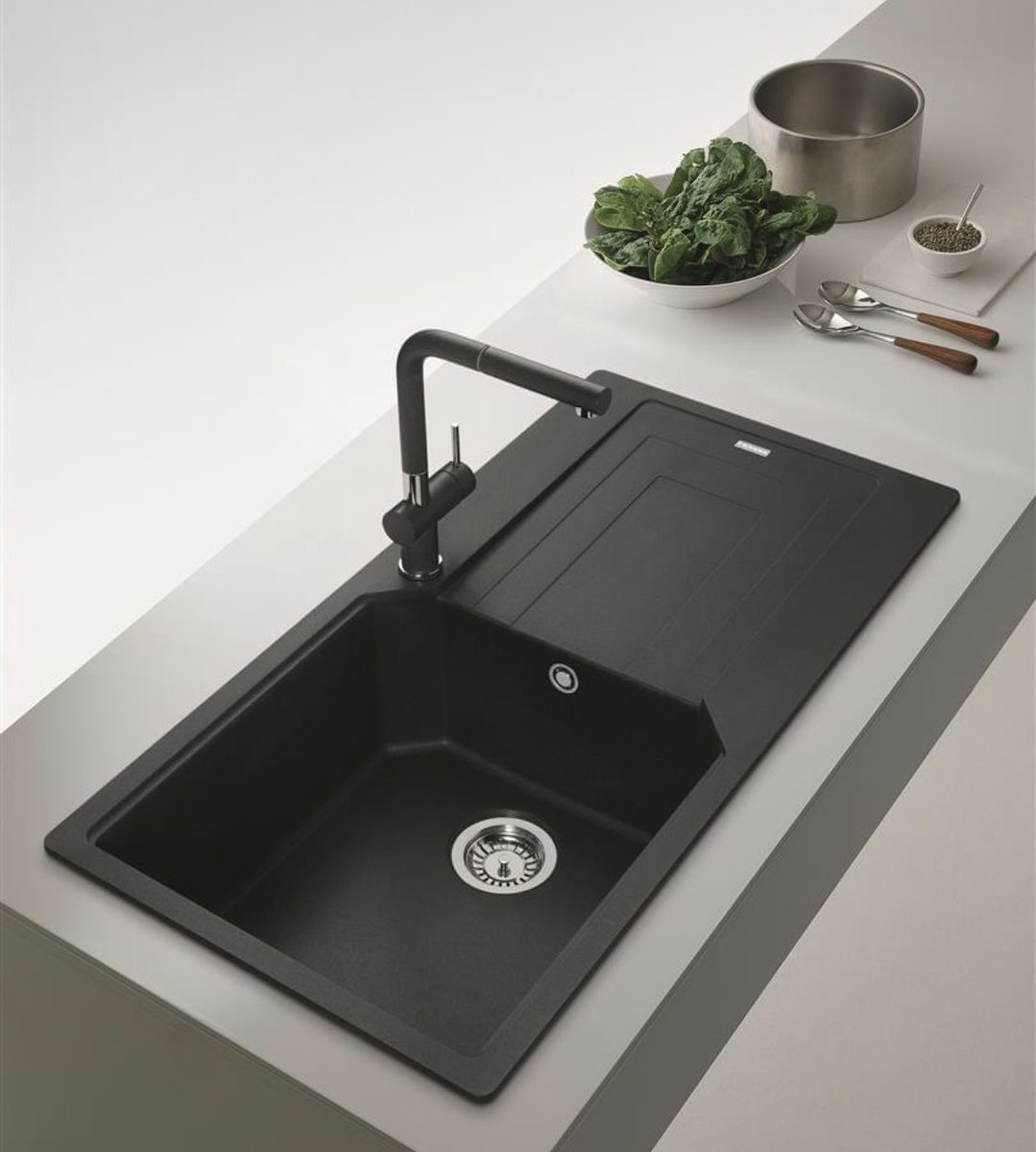 From Franke UK …

Matt Black Urban inset Fragranite sink. 
Taking the trend for black in the kitchen to the next level, this sink Exudes elegance and style.