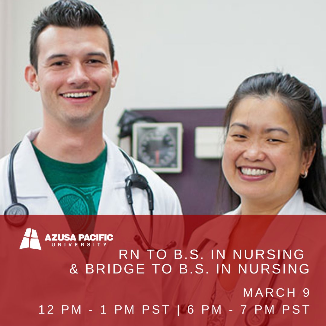 APUGradPrograms's tweet image. Advance your nursing career through APU's Bachelor of Science in Nursing (BSN) programs. Learn more about your pathway at an online info meeting March 9th at 12pm or 6pm PST! ow.ly/2INe50I6uQW