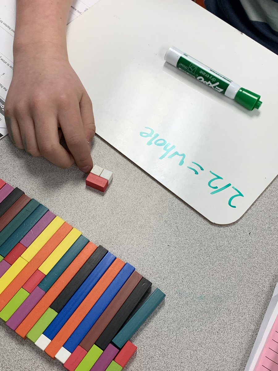 Today we used cuisenaire rods to review and build on our knowledge of fractions. We used different colours to represent a whole and found the unit fractions that can be added together to represent the equivalent whole. <a href="/OLOFFalcons/">Our Lady of Fatima</a> #WCDSBawesome <a href="/McLean_teach/">Melissa McLean</a>
