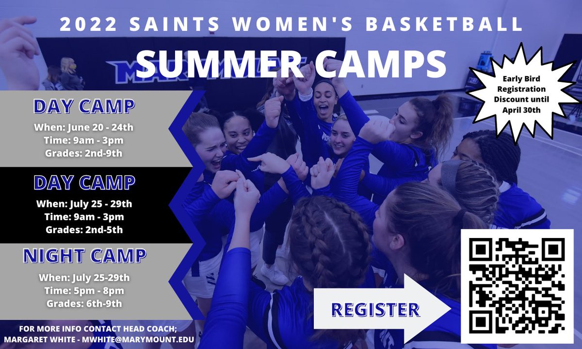 Summer camps are set! Use the QR code or link below to register for one of our camps this summer. This year we are offering both DAY and NIGHT camps so read carefully when making your selection. Register by April 30th for the EARLY BIRD DISCOUNT! 🕊⚜️🏀💙

…lsbasketball.marymountsportscamps.com