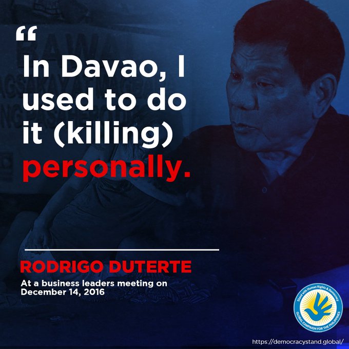 stand_global's tweet photo. Though allies deny that Duterte is responsible for the drug war killings, Duterte brags about and takes credit for them. He's even compared himself with Hitler. https://t.co/BgN9mjPU3e