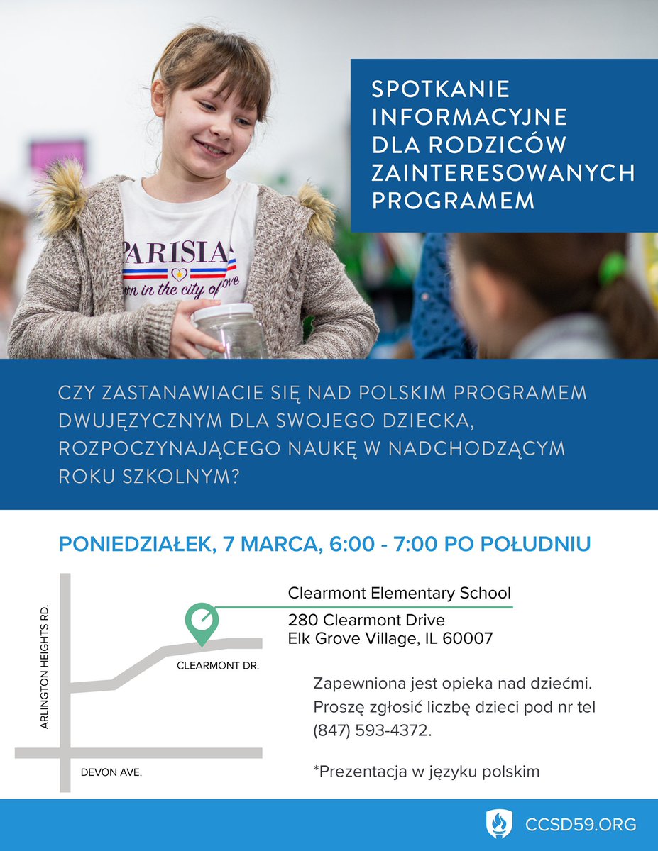 Are you considering the Polish Dual Language Program for your incoming Kindergarten student? Please join us this Monday, March 7, from 6:00 - 7:00 p.m. at Clearmont to learn more about what the program can offer: bit.ly/3to2P1K

#D59Learns