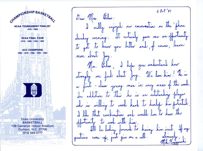 Jay Bilas shared the recruiting letter Coach K sent to his mom