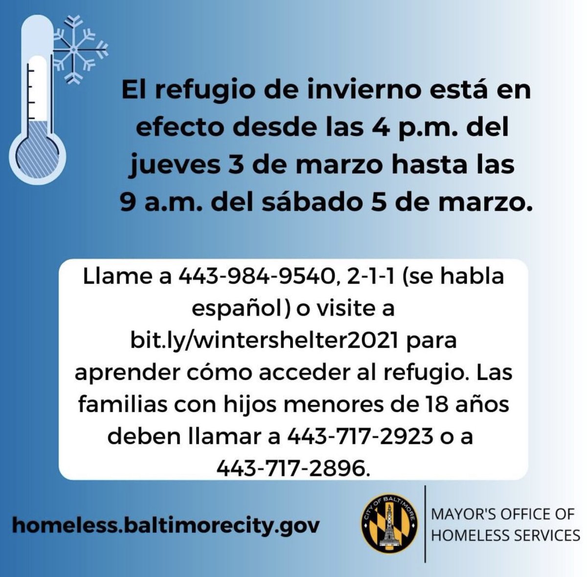 promiseheights's tweet photo. If you live in a comfortably heated 🏡home, you may be unaware how 🥶cold it is outside tonight. Should you see or know anyone needing 🛌☀️ warm shelter, here are the @baltimoremohs ☎️numbers to call for help. ❤️#ittakesavillage #helpyourneighbors #coldweathercankill #warmshelter https://t.co/DeZnu9QRgz