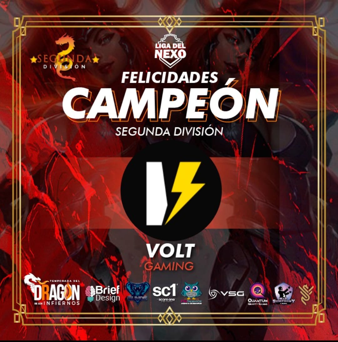 ¡CAMPEONES!
Después de una dura serie en contra de <a href="/BDGeSportsMX/">BDG eSports</a> nos llevamos la victoria y campeonato de <a href="/LigaDelNexo/">Liga del Nexo</a> con resultado de 3-2, les agradecemos a todos su apoyo incondicional para nuestros jugadores.

#FEELTHEVØLTAGE #VØGWIN