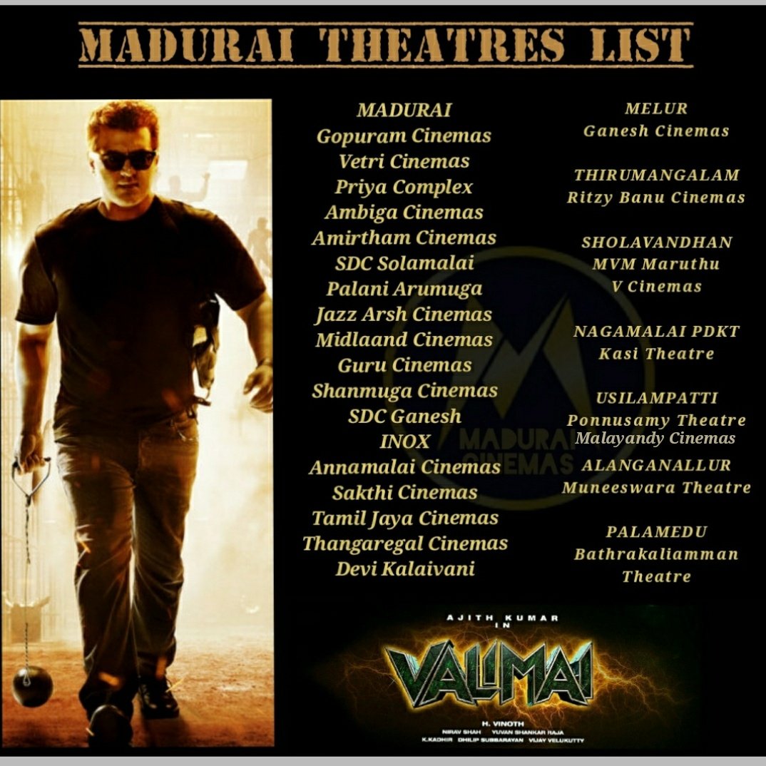 MADURAI_CINEMAS's tweet photo. #Valimai MR Area Official Theatres List.

Biggest Ever Release..! 🔥🔥💥

#ValimaiFDFS #ValimaiTickets #Ajith #ValimaiFromFeb24 #AjithKumar #Madurai #Valimai4DaysToGo #ValimaiPromo https://t.co/WeOPBvhqNc