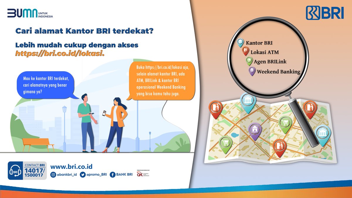 kontakBRI's tweet photo. Sobat BRI. Kini seluruh informasi terkait alamat Kantor BRI, lokasi ATM BRI, Agen BRILink dan layanan Weekend Banking Operasional dapat diperoleh dengan mengakses halaman https://t.co/enPBfO9s9Y. Sehat dan sukses selalu ya.

#BRIEdukasi https://t.co/NvPrgYRjlw