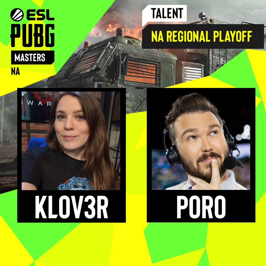 ESLPUBG's tweet photo. Who's ready for Day 3 of the NA #ESLPUBGMasters Regional Playoff? @klov3r_ and @Porosaurus_NA are! 

They'll be on the 🎙️ today bringing you all the action. https://t.co/fI980JPKS7