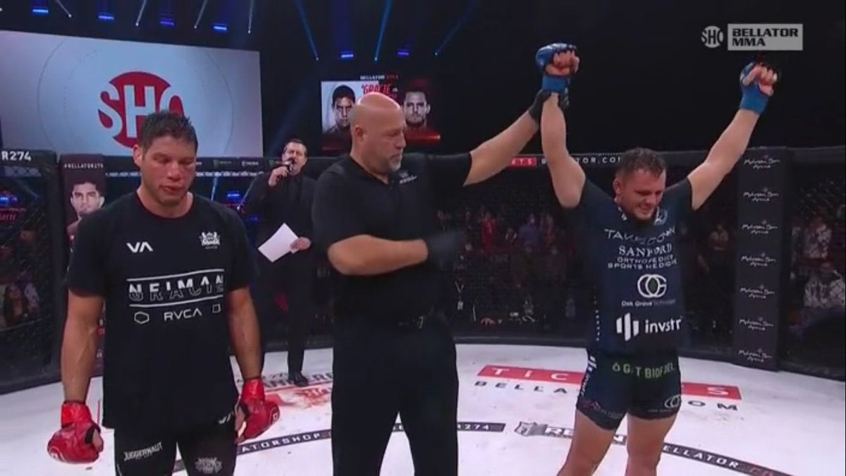 TonyLiebert's tweet photo. Former #Gophers wrestler Logan Storley (@storleystorm) defeats Nieman Gracie via unanimous Decision in #Bellator274’s Main Event.

Storley, now 13-1 is firmly in position to challenge for @BellatorMMA’s Welterweight title. https://t.co/rM0vG6HyDc