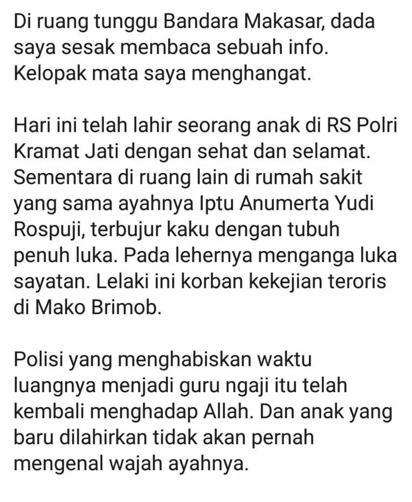 Dan Iptu Anumerta Yudi Rospuji (Mas Aji) Rahimahullah adalah seorang guru ngaji
Gue cuma mau bilang,terima kasih Bang <a href="/dennysirregar7/">denny siregar</a> untuk terus concern menyuarakan bahaya terorisme...
<a href="/RudiSoedjarwo/">Rudi Soedjarwo</a> <a href="/dewiirawan13/">Dewi Irawan</a>
<a href="/nicsap/">Nicholas Saputra</a> Semoga selalu Istiqomah #sayapsayappatah