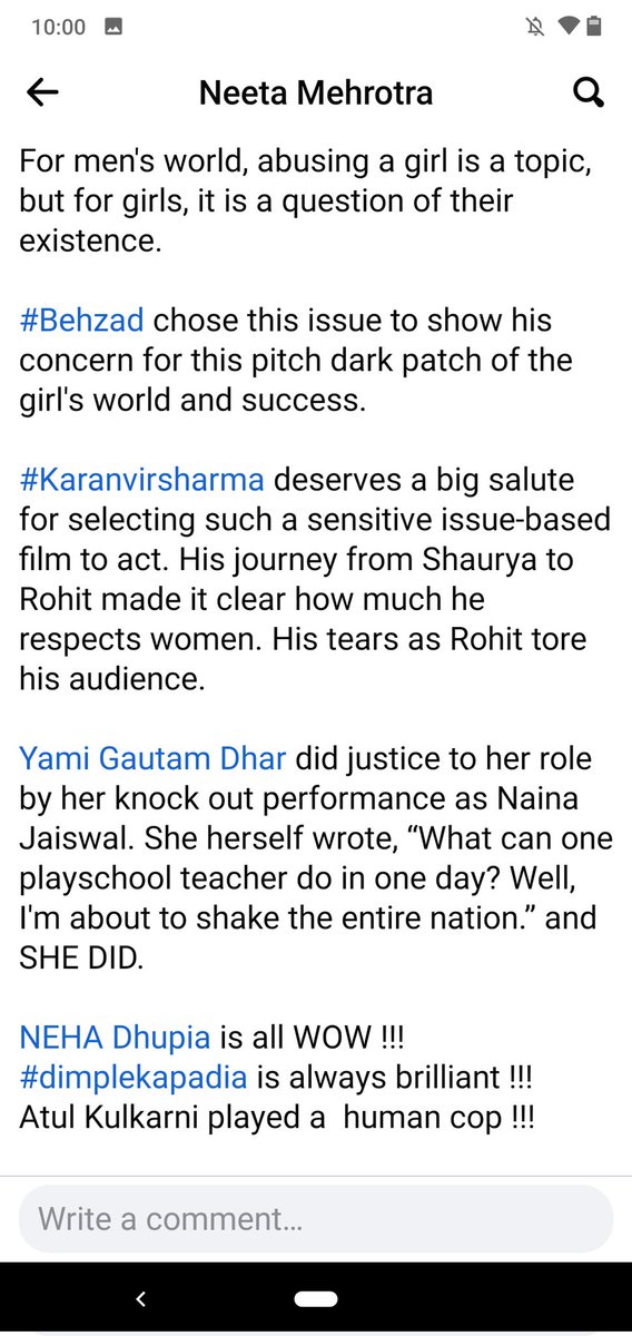 mehrotra_neeta's tweet photo. When a senior author, intellectual gives review like this- the common person's belief goes on high.
#AThursday is a movie to keep in personal library for coming generation to watch.
#AThursdayOnHotstar has made its place in book of HISTORY!
#Behzad #YamiGautam
#KaranvirSharma https://t.co/mPNhcYysaS