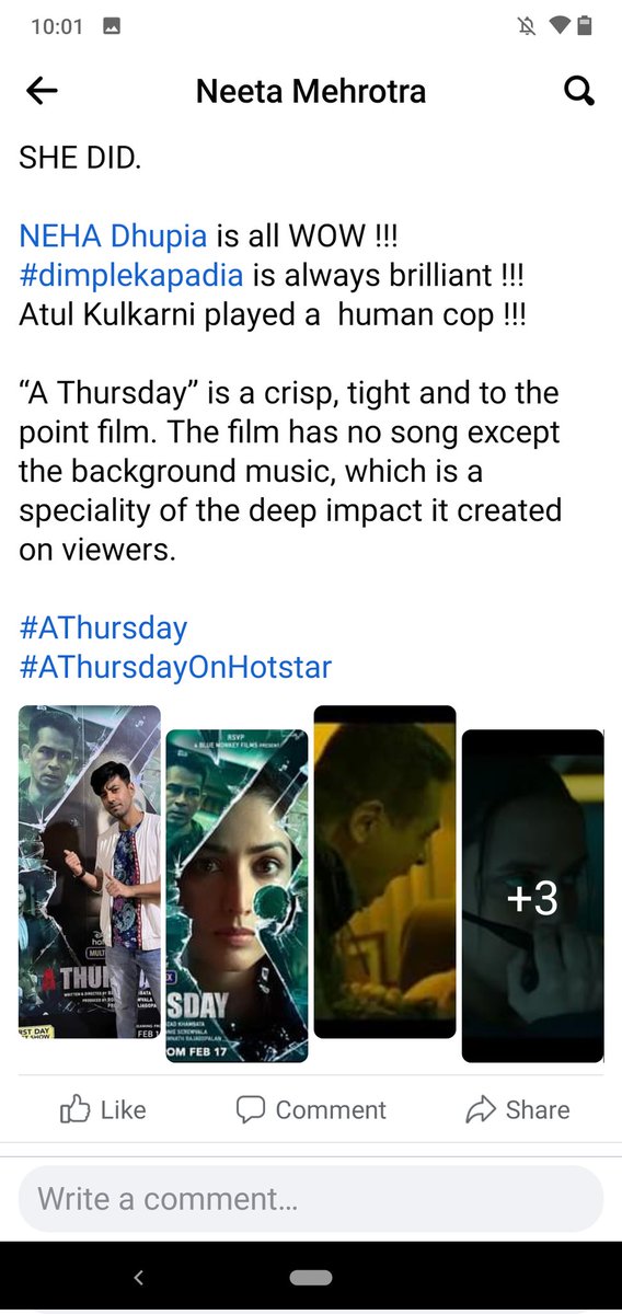 mehrotra_neeta's tweet photo. When a senior author, intellectual gives review like this- the common person's belief goes on high.
#AThursday is a movie to keep in personal library for coming generation to watch.
#AThursdayOnHotstar has made its place in book of HISTORY!
#Behzad #YamiGautam
#KaranvirSharma https://t.co/mPNhcYysaS