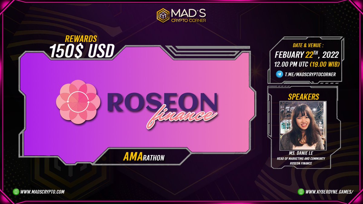 🌟 <a href="/MadsCrypto_/">Mad's 🔶</a> #AMArathon with <a href="/RoseonFinance/">Roseon unofficial🌸</a> ✨

🏰Venue: t.me/MadsCryptoCorn…
💰Pool: 150 $BUSD
⏰Time: 22/02/2022 12PM UTC
▶️More: madscrypto.com/amarathon-seri…

🛑#AMA Rules: 
🔸Follow us &amp; <a href="/RoseonFinance/">Roseon unofficial🌸</a> 
🔸Join Telegrams
🔸Like &amp; RT
🔸Comment your questions
